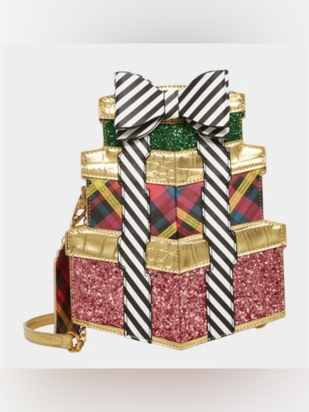 NWT Betsey Johnson Stack of Gift Gold Crossbody Bag with Bow Accent